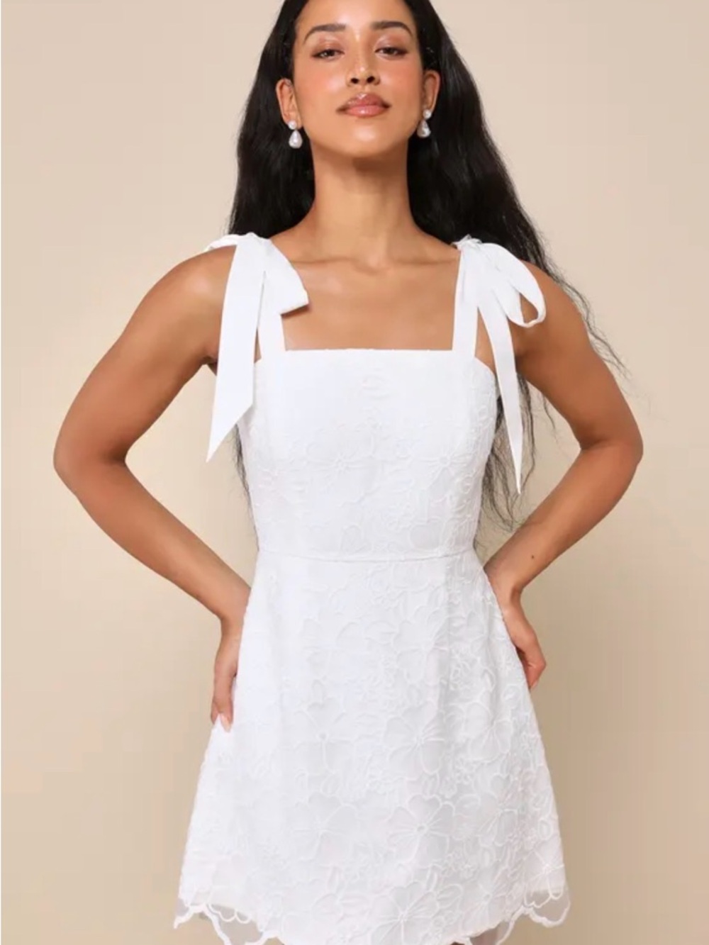 Lulu’s Lovable Aesthetic White Embroidered Tie-Strap Mini Dress